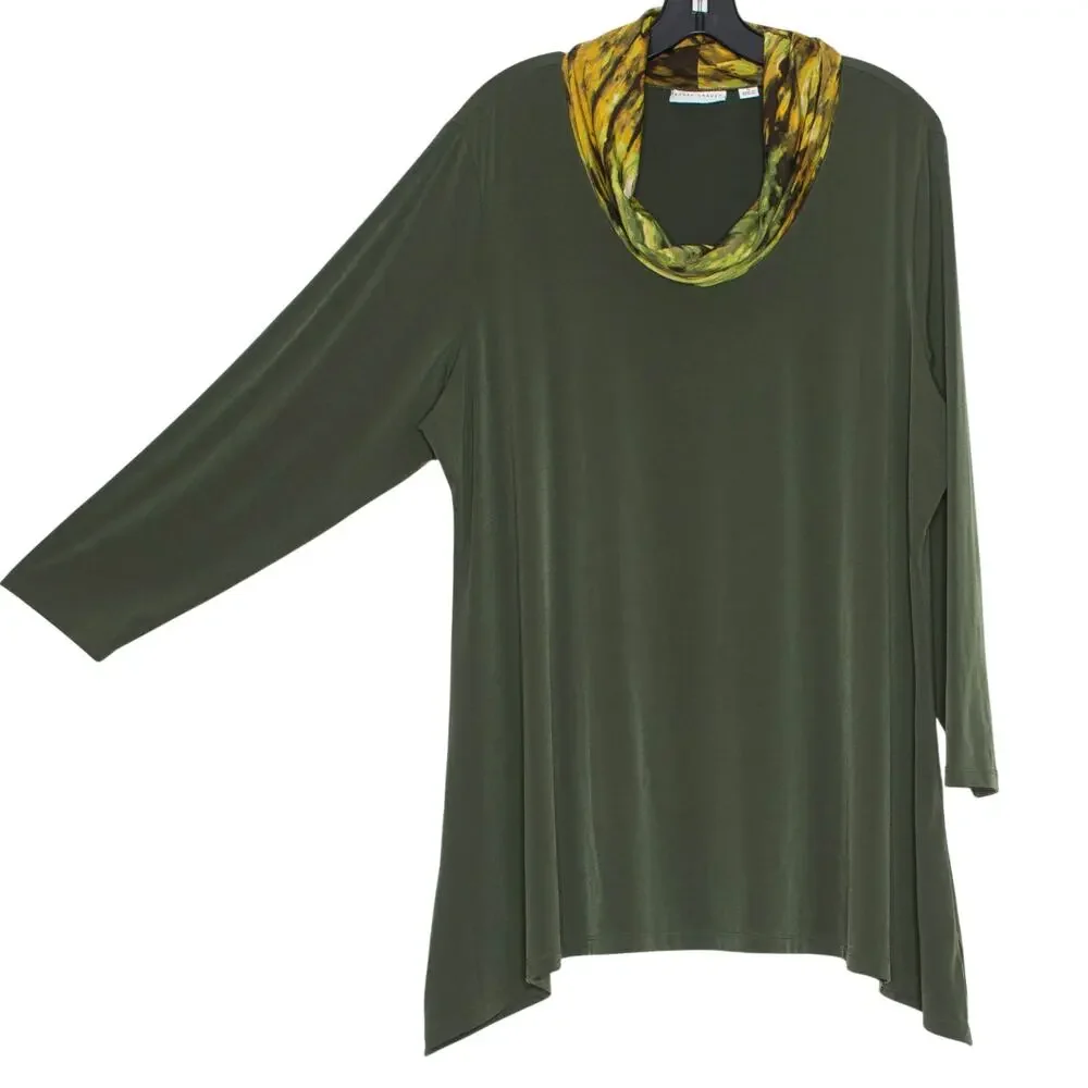 Susan Graver Tunic Top Liquid Knit Cowl Neck Green Plus Size 1X Olive Green Boho - Picture 6 of 7